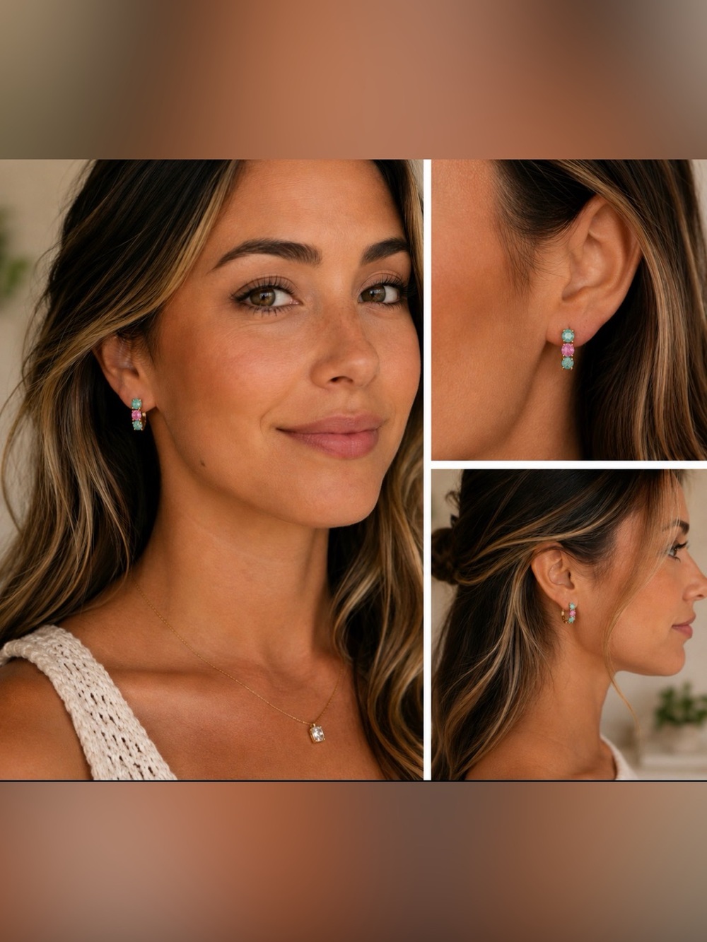 Gold Huggie Hoop Earrings with Pink and Green Gemstones